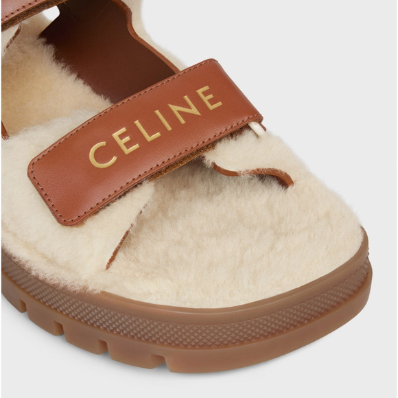 Celine Leo Scratch Sandal Shearling Fur Tan Leather Logo Strap Platform Flat 37 - Picture 5 of 12